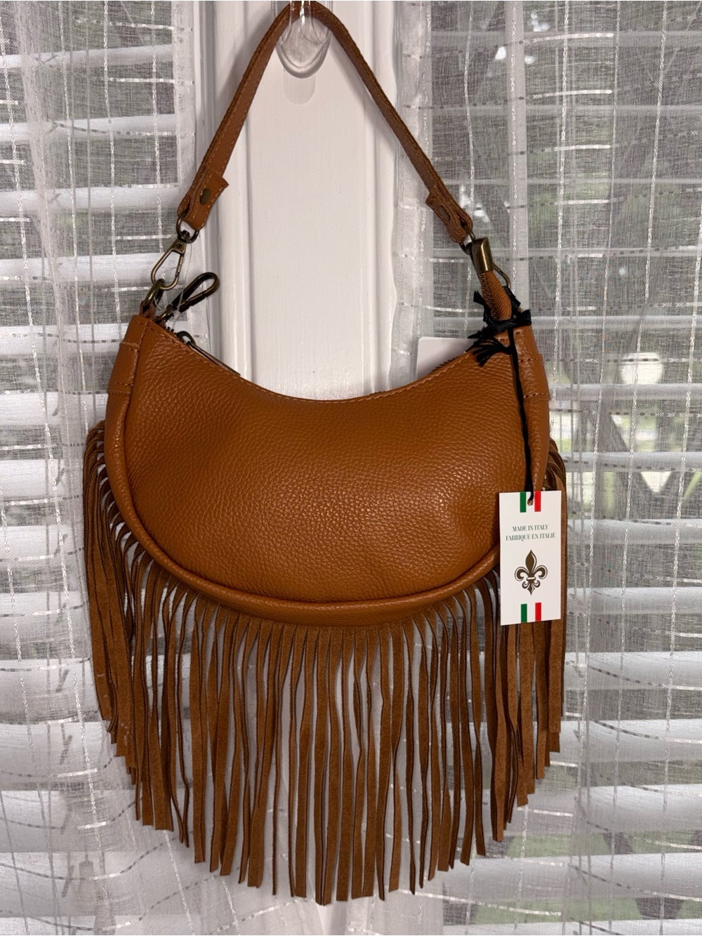 NWT Marlon Italy Leather Fringe Hobo Crossbody Bag Camel Brown Boho - Picture 3 of 14